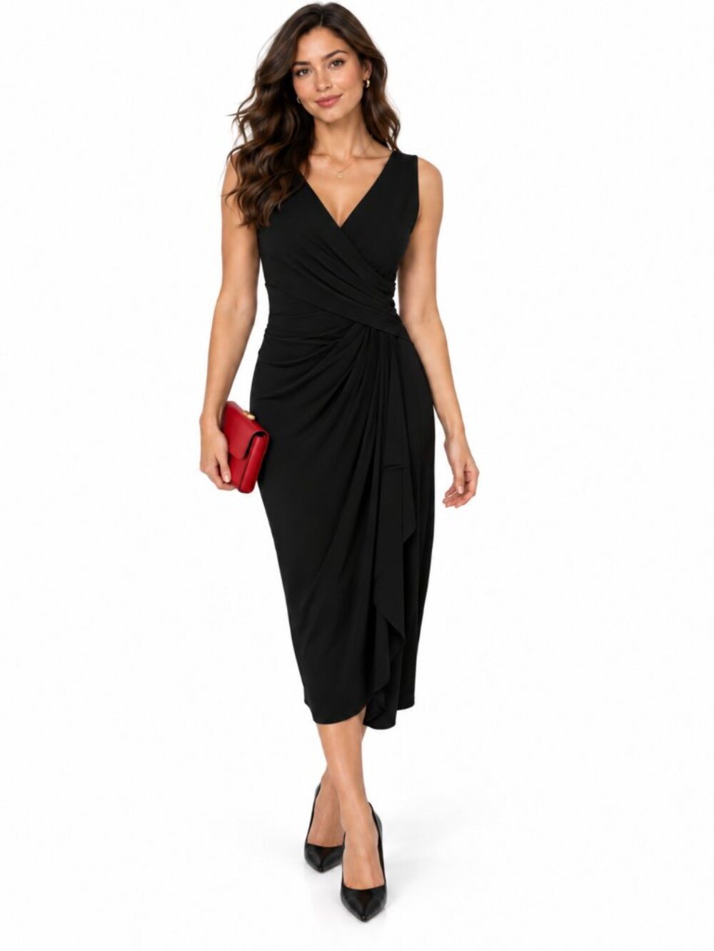 Black Faux Wrap Ruched Midi Dress Sleeveless Bodycon LBD Cocktail Minimalist XS